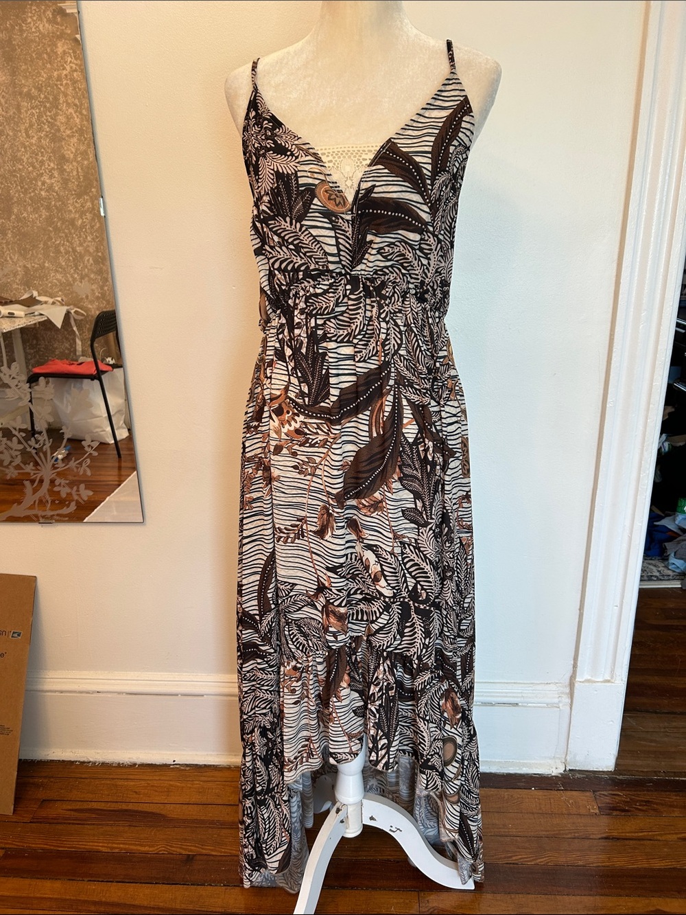 Rinascimento Brown and Cream Tropical Print Spaghetti Strap Maxi Dress